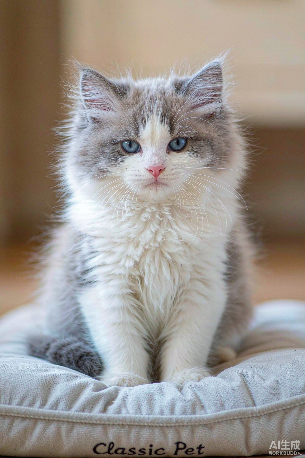 亿喵猫舍在售布偶猫幼猫特写，蓝眼睛、毛发蓬松柔软