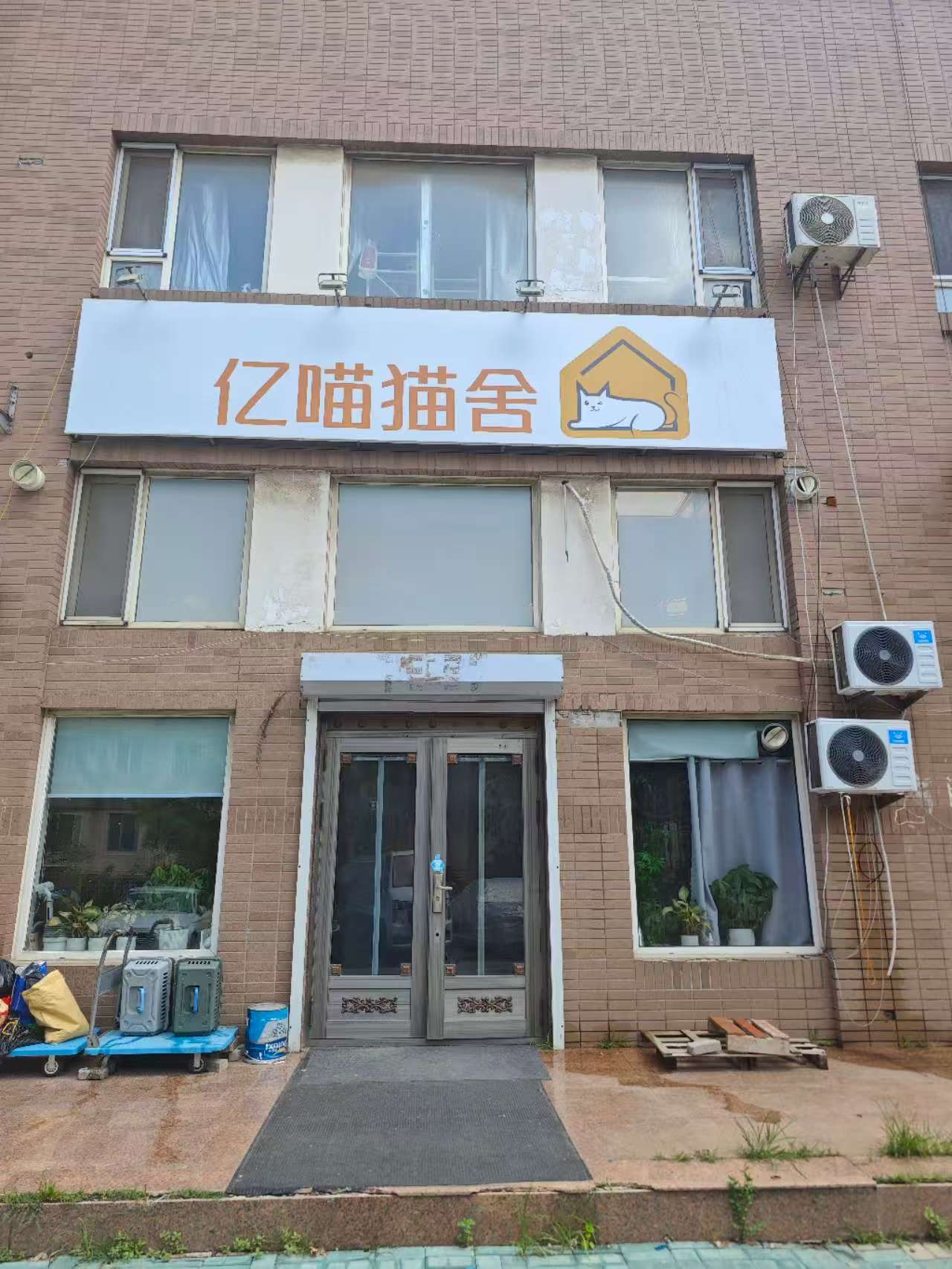 亿喵猫舍门店外景实拍，招牌为亿喵猫舍，位于大连市甘井子区杨柳街29号